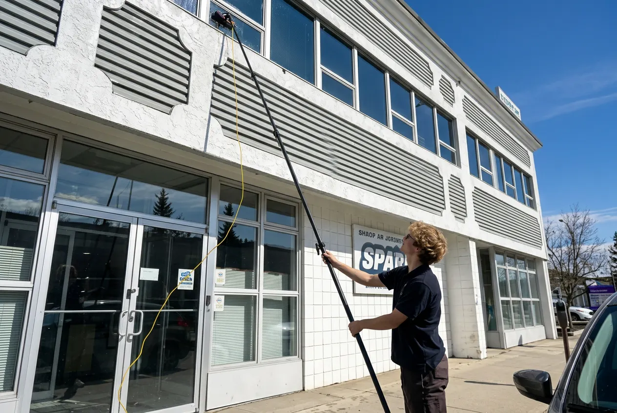 Daniel cleaning commercial windows with a water-fed pole