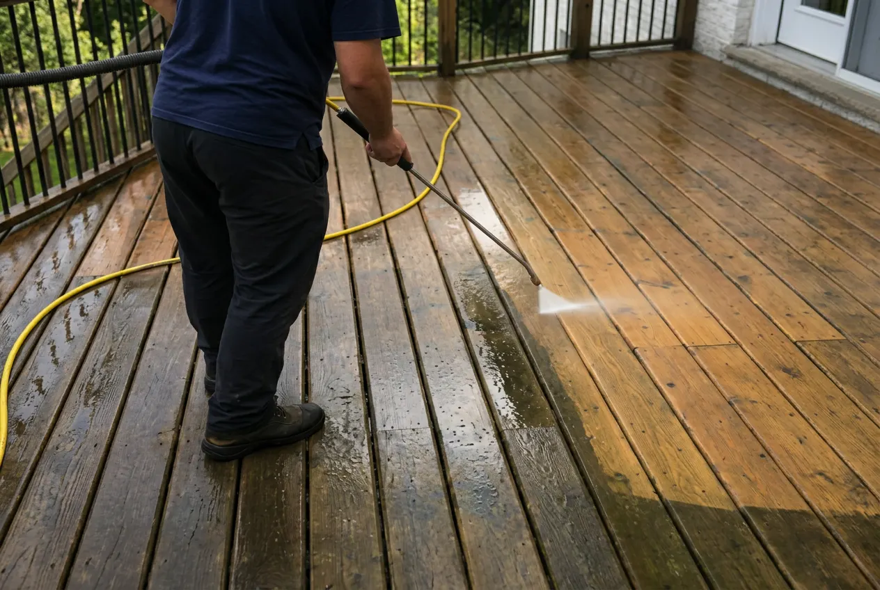 Wood deck pressure washing in progress